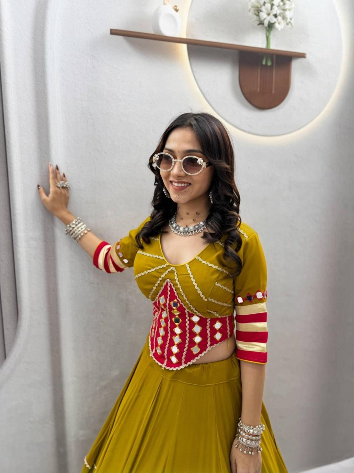 Navratri Special Mustard Yellow Hand Work Lehenga Choli with 6 Meter Flair
