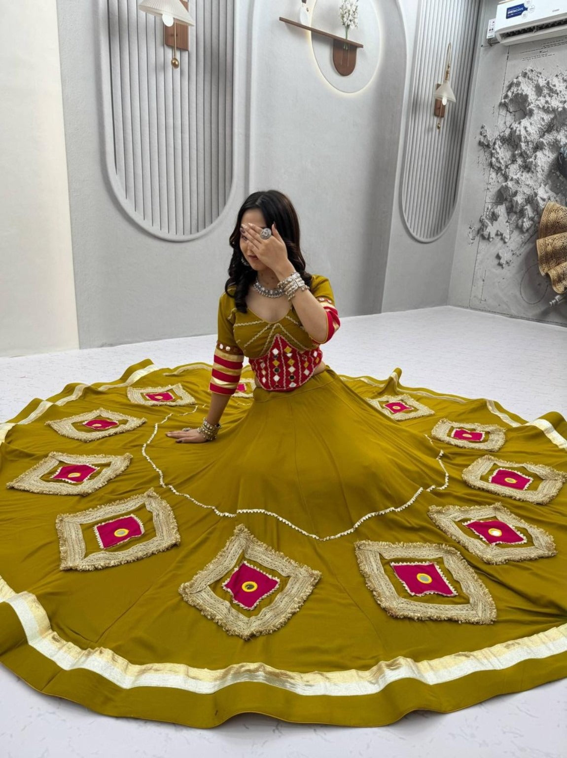 Navratri Special Mustard Yellow Hand Work Lehenga Choli with 6 Meter Flair