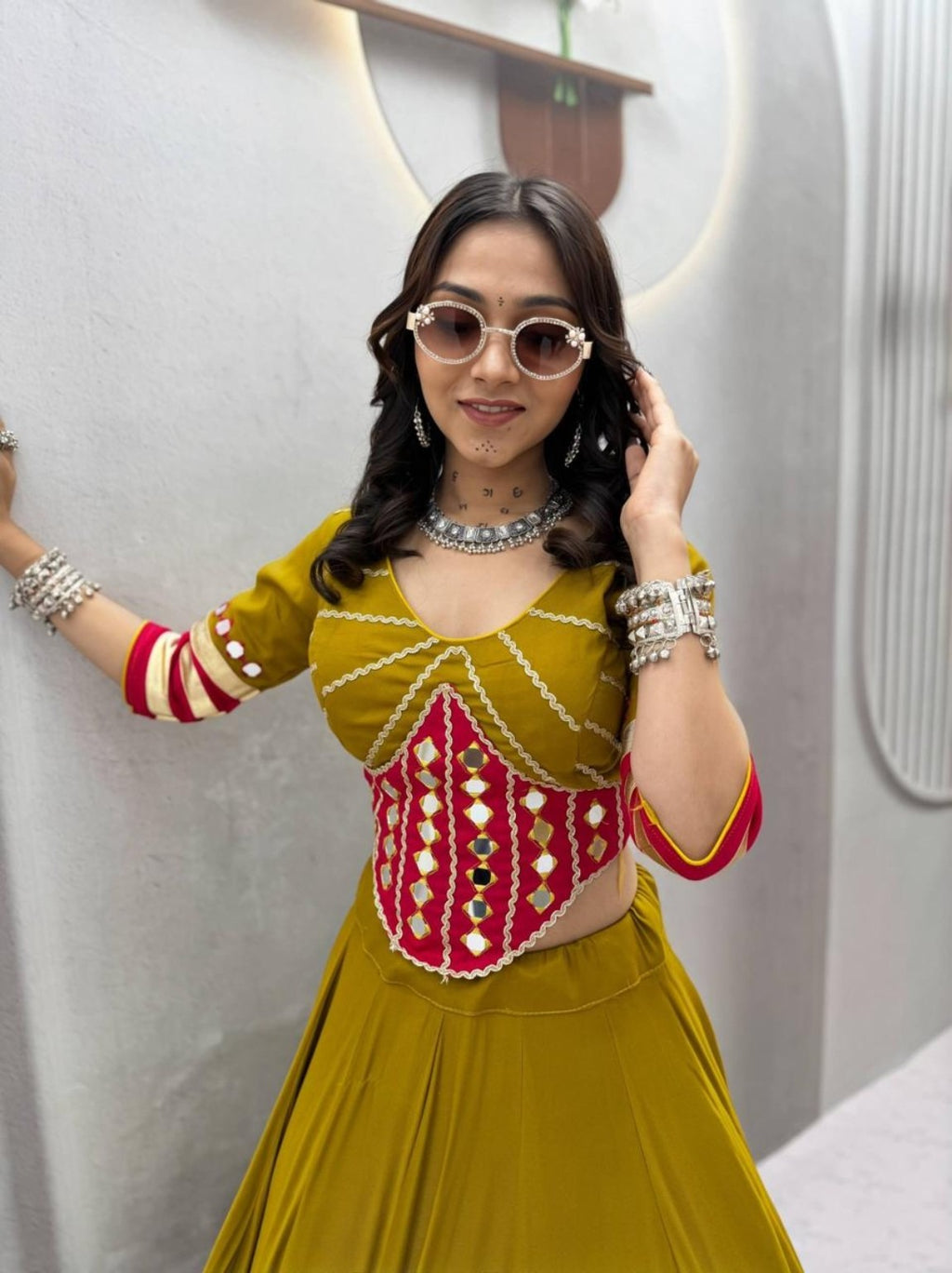 Navratri Special Mustard Yellow Hand Work Lehenga Choli with 6 Meter Flair