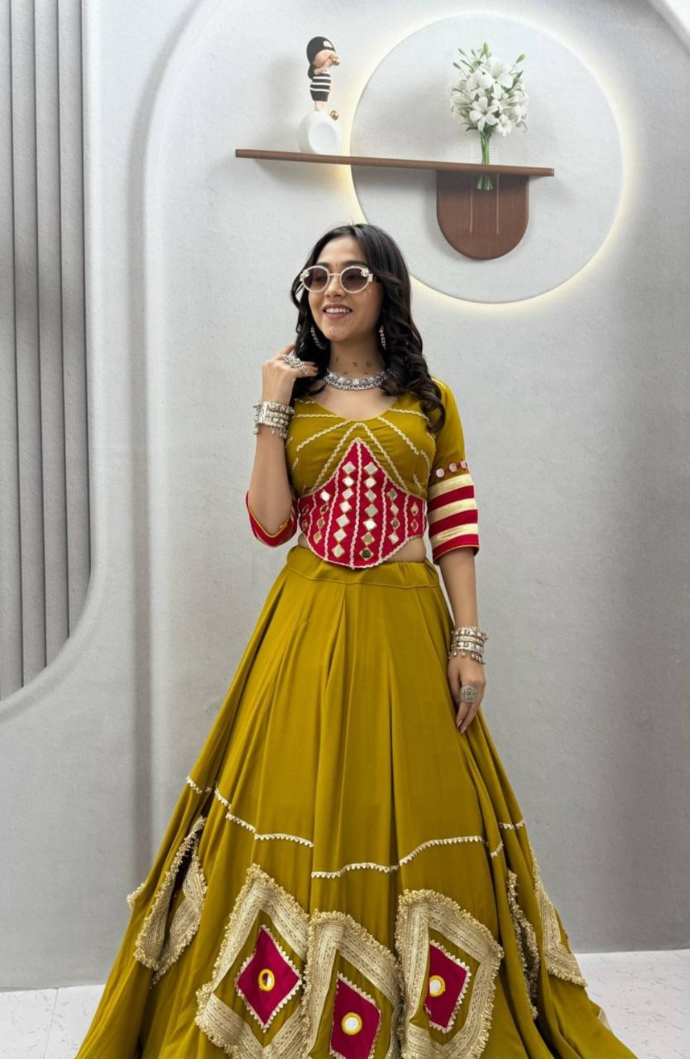 Navratri Special Mustard Yellow Hand Work Lehenga Choli with 6 Meter Flair