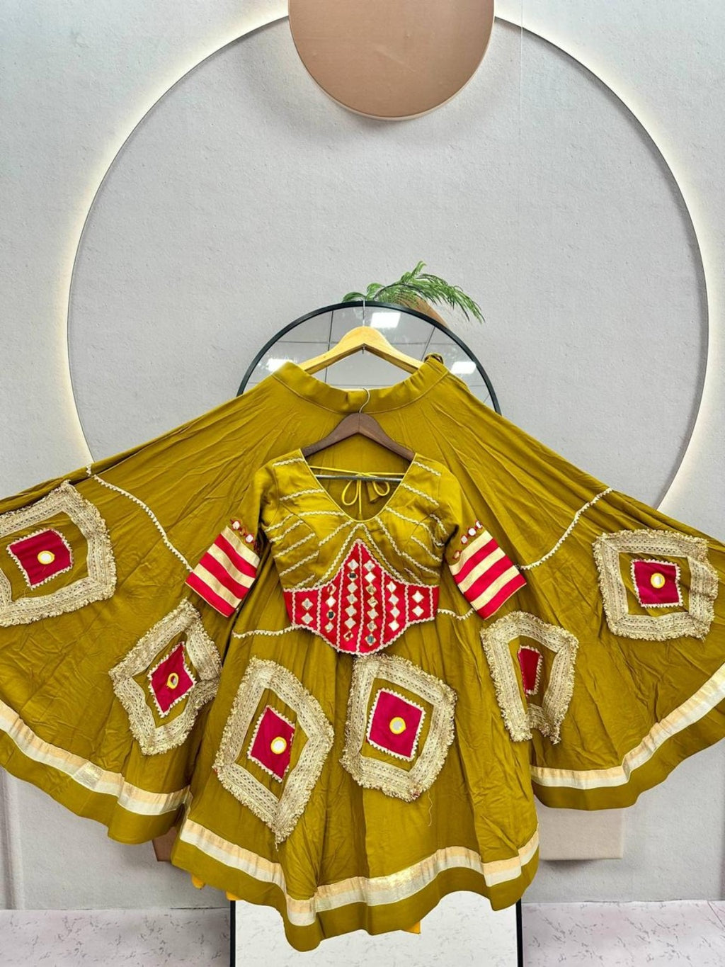 Navratri Special Mustard Yellow Hand Work Lehenga Choli with 6 Meter Flair