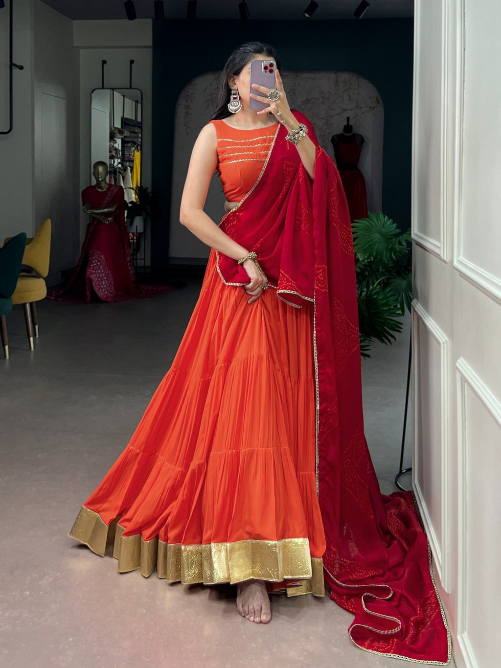 Orange & Wine Navratri Rayon Lehenga Choli with 10 Meter Flair & Satin Chiffon Dupatta