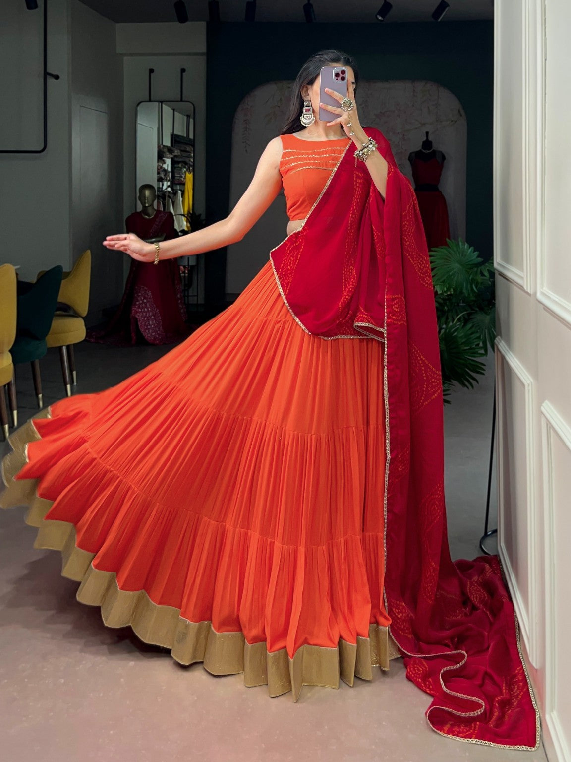 Orange & Wine Navratri Rayon Lehenga Choli with 10 Meter Flair & Satin Chiffon Dupatta