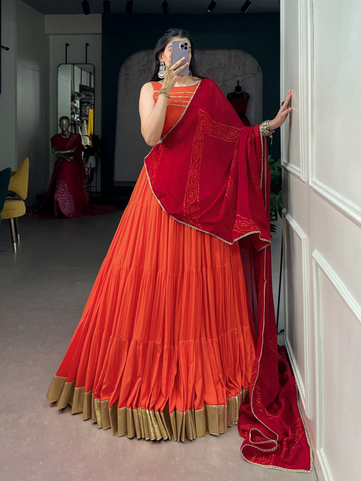 Orange & Wine Navratri Rayon Lehenga Choli with 10 Meter Flair & Satin Chiffon Dupatta