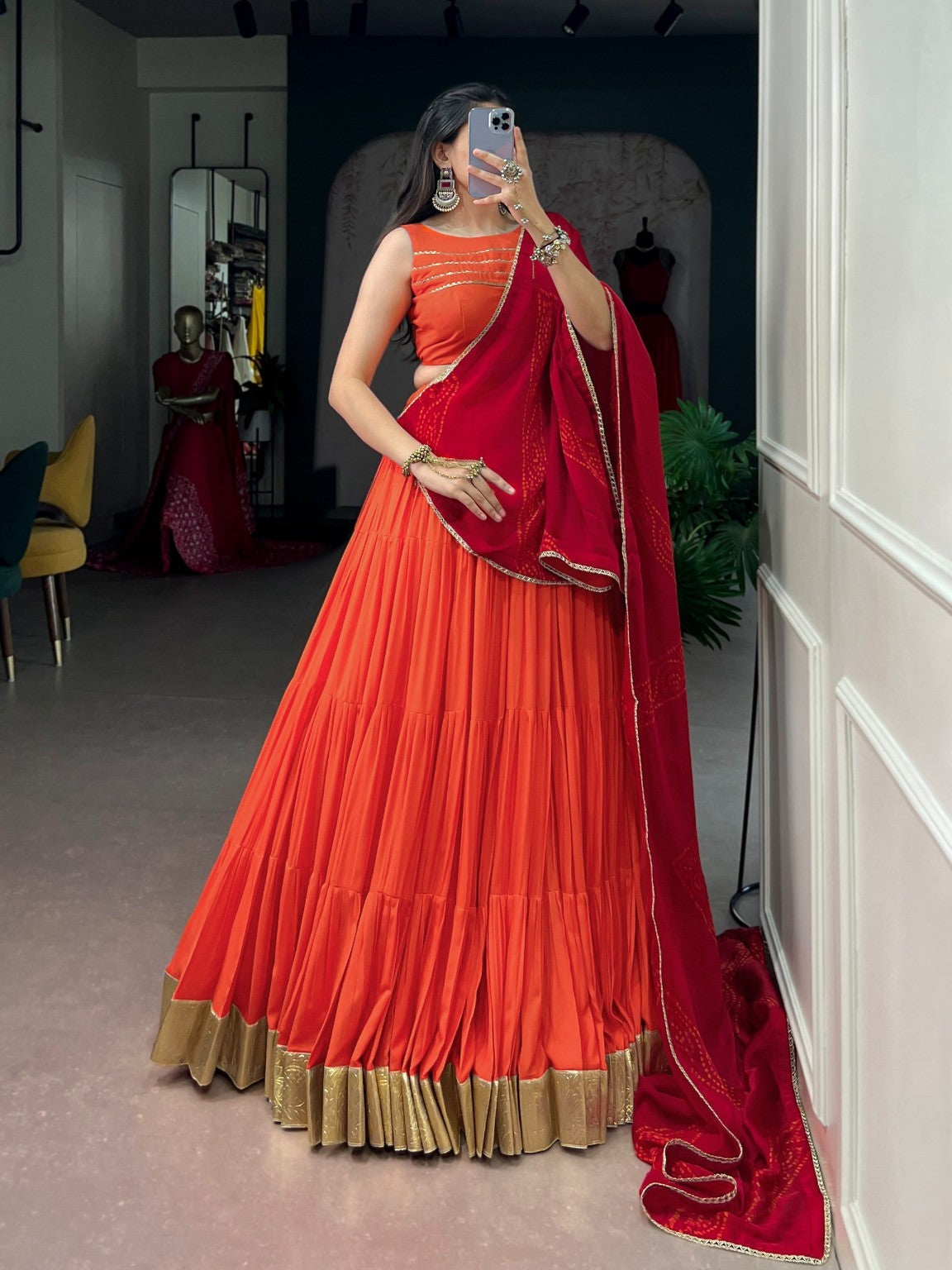 Orange & Wine Navratri Rayon Lehenga Choli with 10 Meter Flair & Satin Chiffon Dupatta