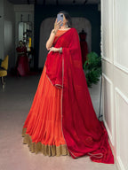 Orange & Wine Navratri Rayon Lehenga Choli with 10 Meter Flair & Satin Chiffon Dupatta
