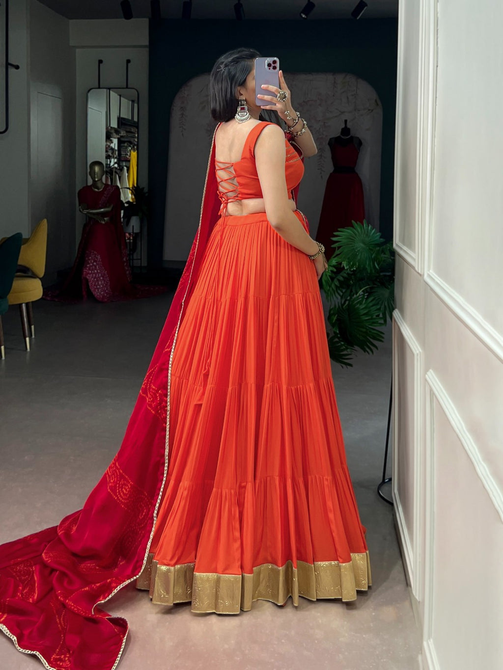 Orange & Wine Navratri Rayon Lehenga Choli with 10 Meter Flair & Satin Chiffon Dupatta