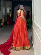 Orange & Wine Navratri Rayon Lehenga Choli with 10 Meter Flair & Satin Chiffon Dupatta
