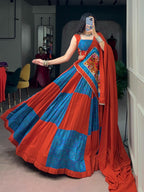 Blue & Orange Gamthi Rayon Lehenga Choli with Mirror Work & 6 Meter Flair