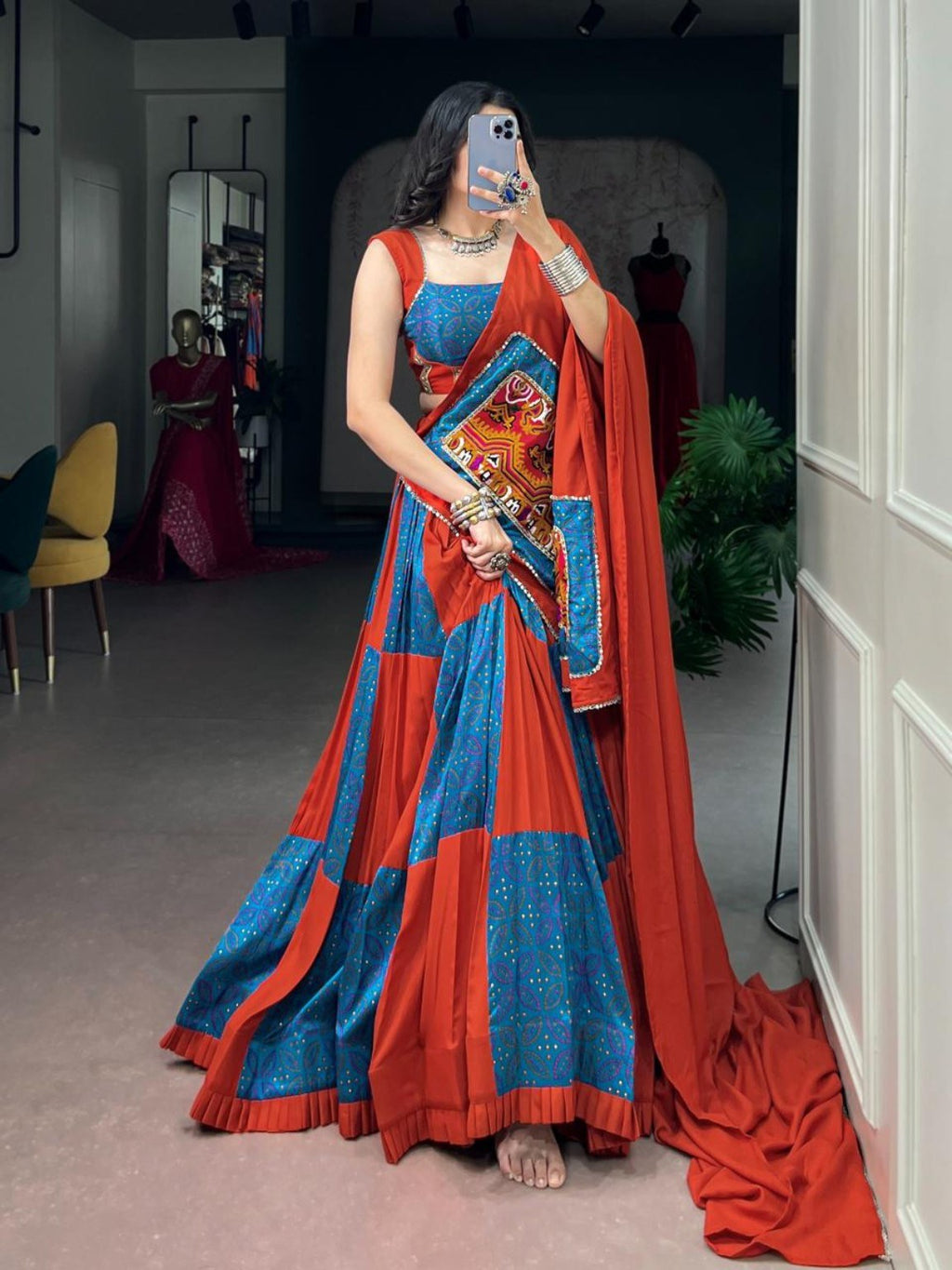 Blue & Orange Gamthi Rayon Lehenga Choli with Mirror Work & 6 Meter Flair