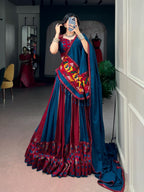 Blue & Wine Gamthi Rayon Lehenga Choli with Mirror Work & 6 Meter Flair