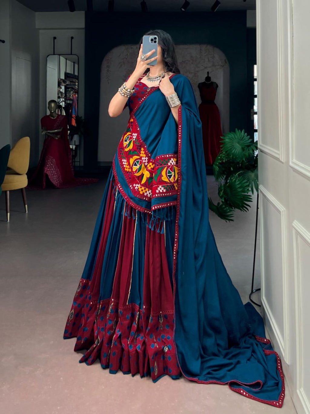 Blue & Wine Gamthi Rayon Lehenga Choli with Mirror Work & 6 Meter Flair