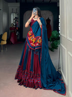 Blue & Wine Gamthi Rayon Lehenga Choli with Mirror Work & 6 Meter Flair