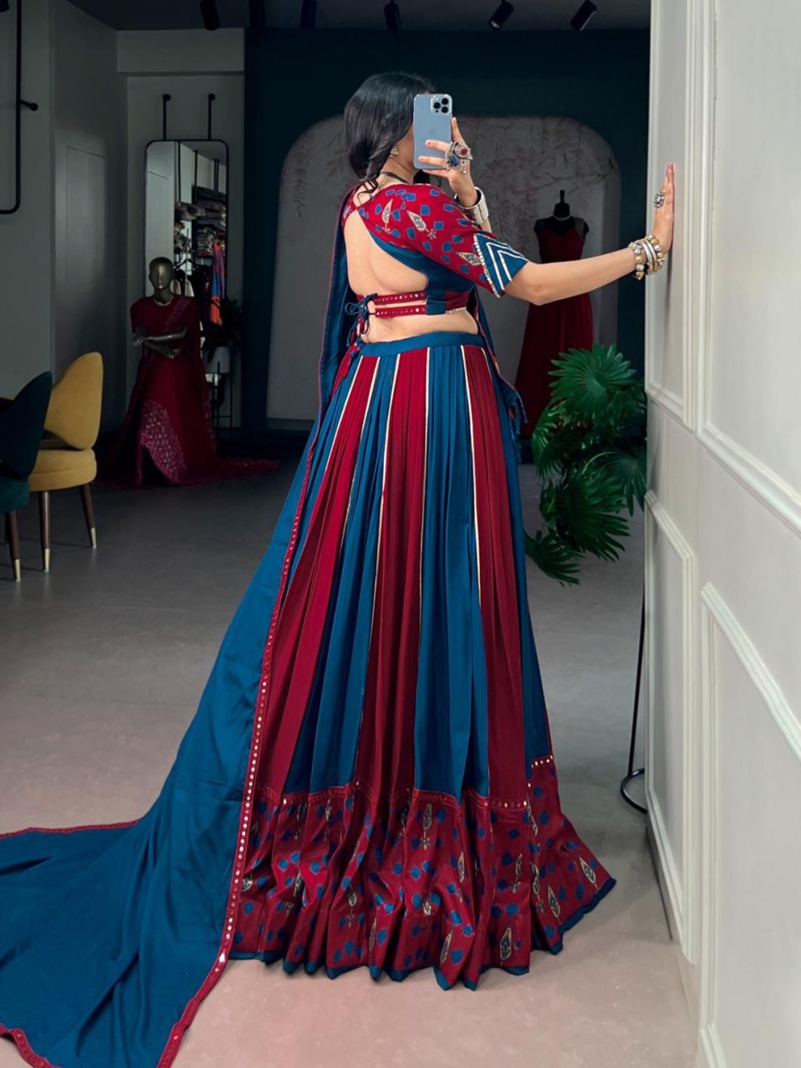 Blue & Wine Gamthi Rayon Lehenga Choli with Mirror Work & 6 Meter Flair