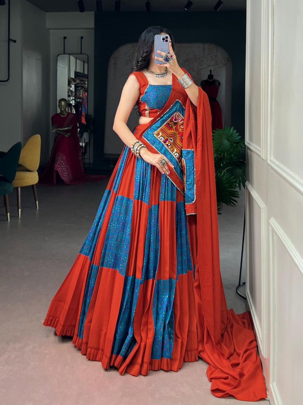 Blue & Orange Gamthi Rayon Lehenga Choli with Mirror Work & 6 Meter Flair