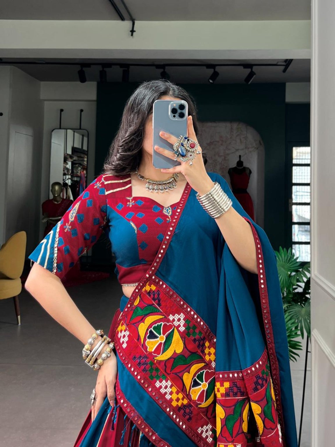 Blue & Wine Gamthi Rayon Lehenga Choli with Mirror Work & 6 Meter Flair