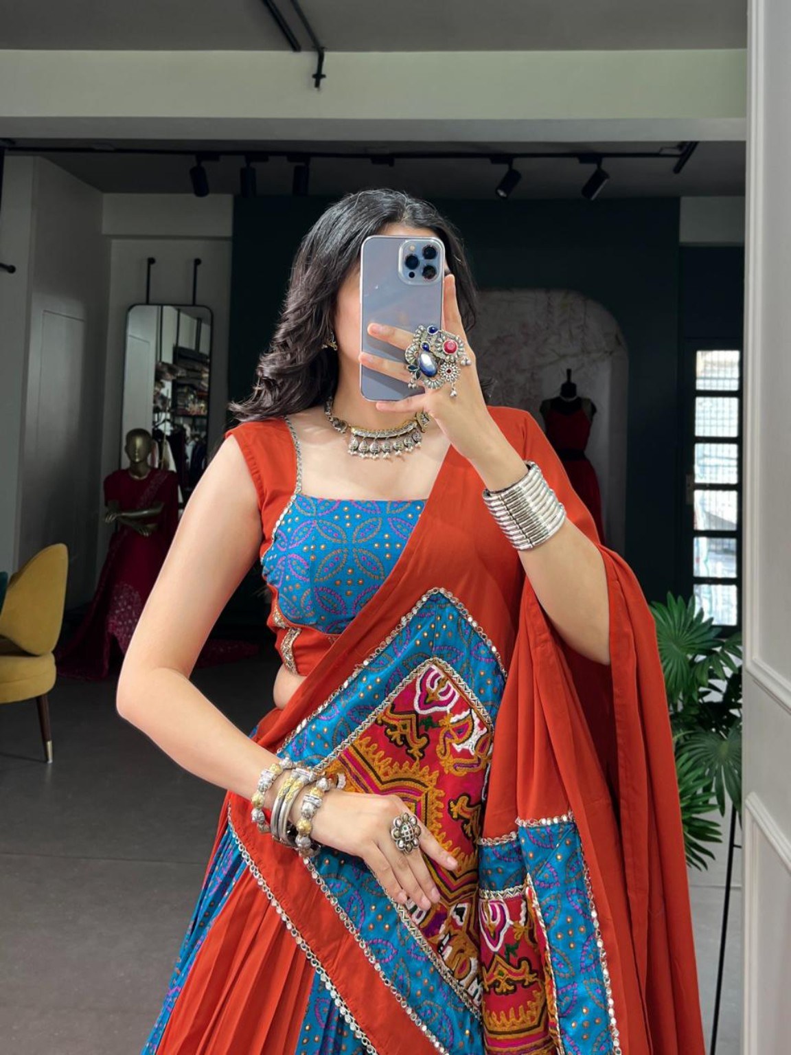 Blue & Orange Gamthi Rayon Lehenga Choli with Mirror Work & 6 Meter Flair