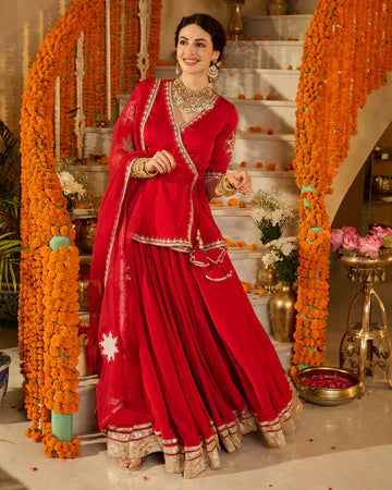 Mehka Red Solid Satin Lehenga Set