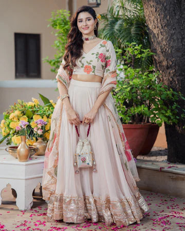Gulzar Ivory Handpainted Viscose Organza Lehenga Set