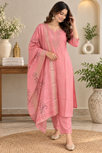 Pink embroidered kurta with full sleeves and detailed front panel