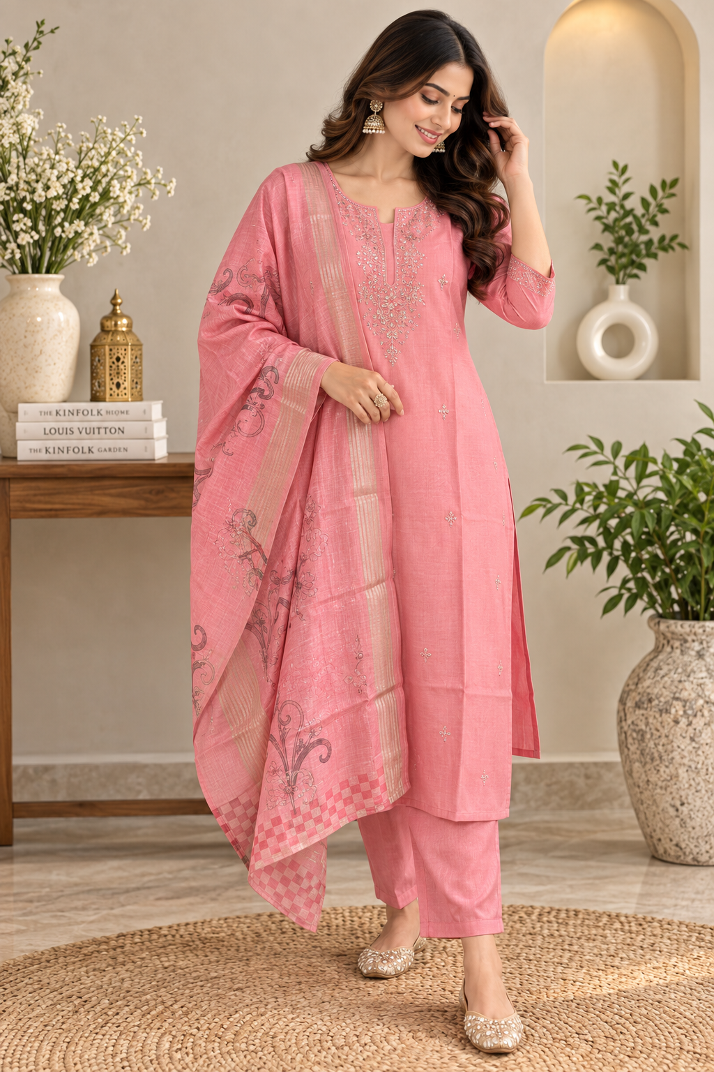 Pink embroidered kurta with full sleeves and detailed front panel