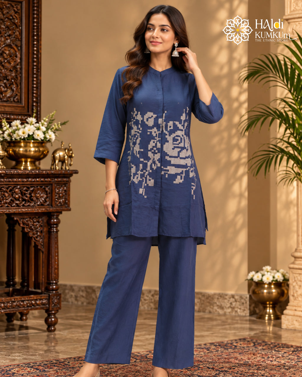 Navy blue abstract embroidered shirt-style co-ord set for women