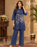 Navy blue abstract embroidered shirt-style co-ord set for women