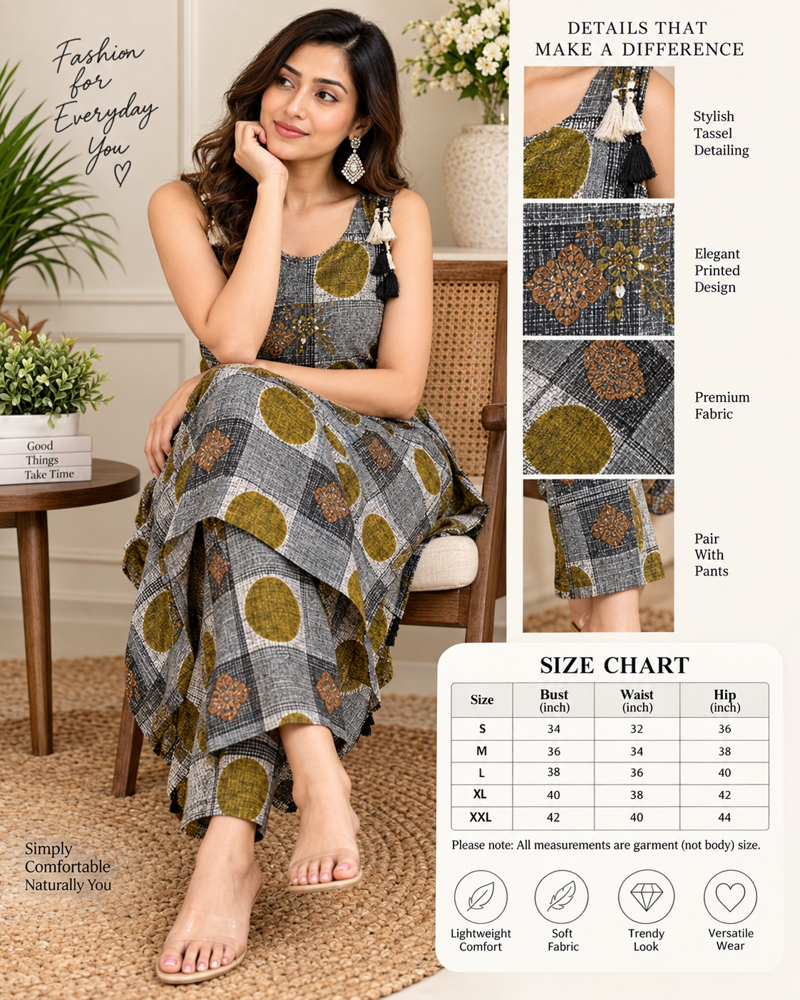 Beige and olive green ethnic kurta pant set with geometric print
