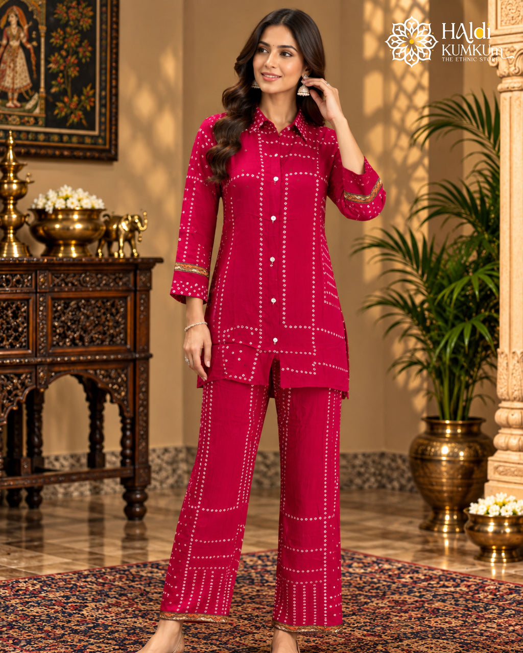 Premium pink geometric printed co-ord set for women