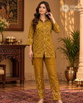 Mustard yellow printed co-ord set with geometric bandhani-inspired pattern