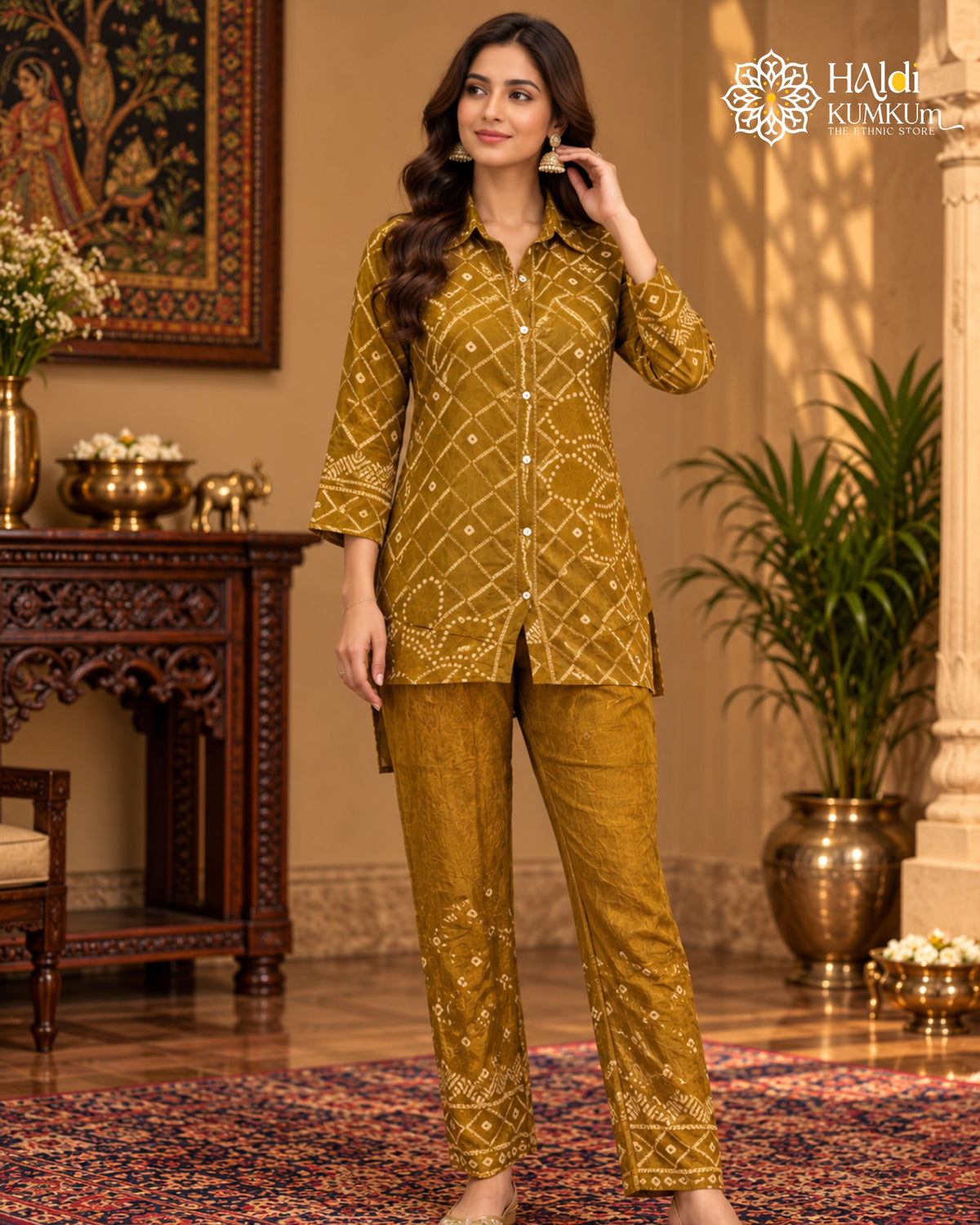 Mustard yellow printed co-ord set with geometric bandhani-inspired pattern