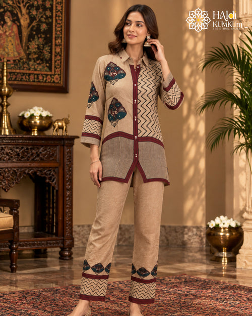 Beige and maroon printed shirt-style kurta pant set for women