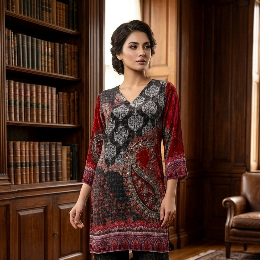 Black & Maroon Printed Co-Ord Set for Women | Designer Ethnic Kurta Pant Set