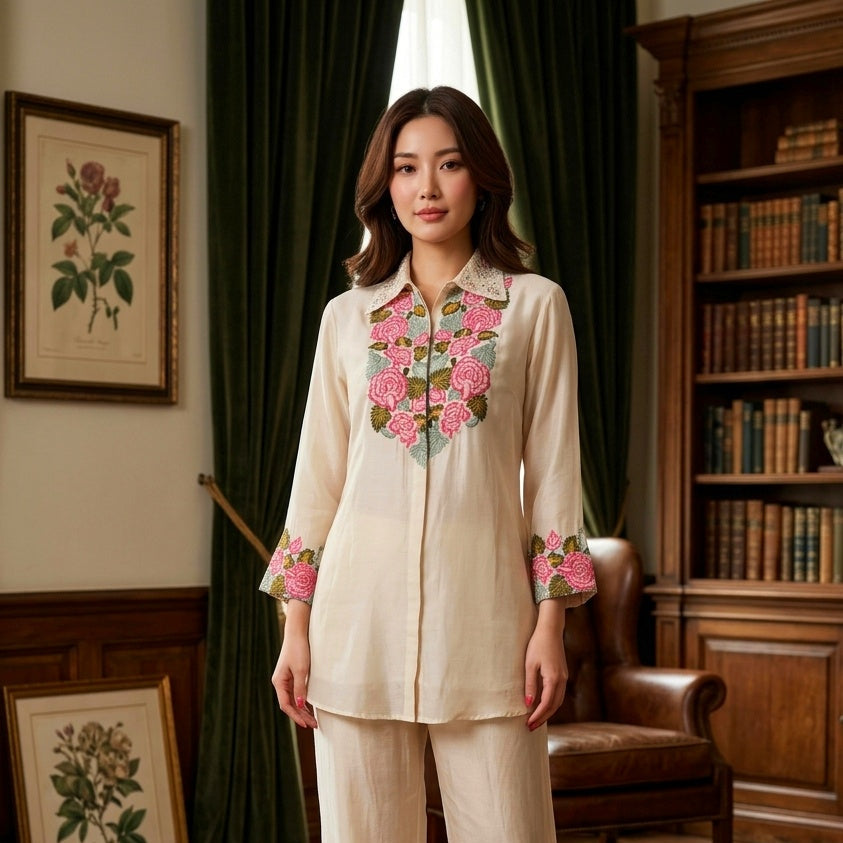 Floral Embroidered Co-Ord Set for Women | Premium Ethnic Shirt & Pant Set