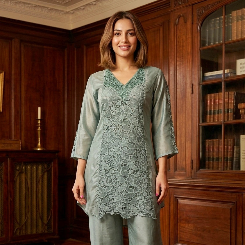 Light Blue Embroidered Kurta Pant Set for Women | Elegant Pastel Ethnic Wear