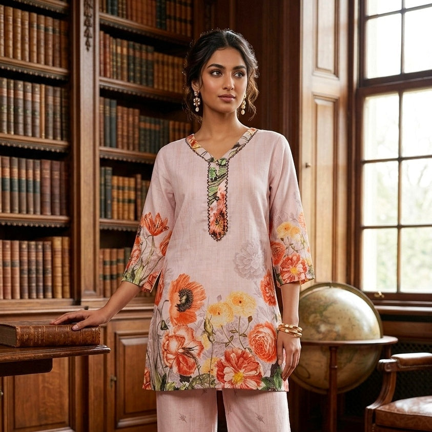 Peach Floral Printed Co-Ord Set for Women | Elegant Cotton Ethnic Wear