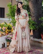 Gulzar Ivory Handpainted Viscose Organza Lehenga Set