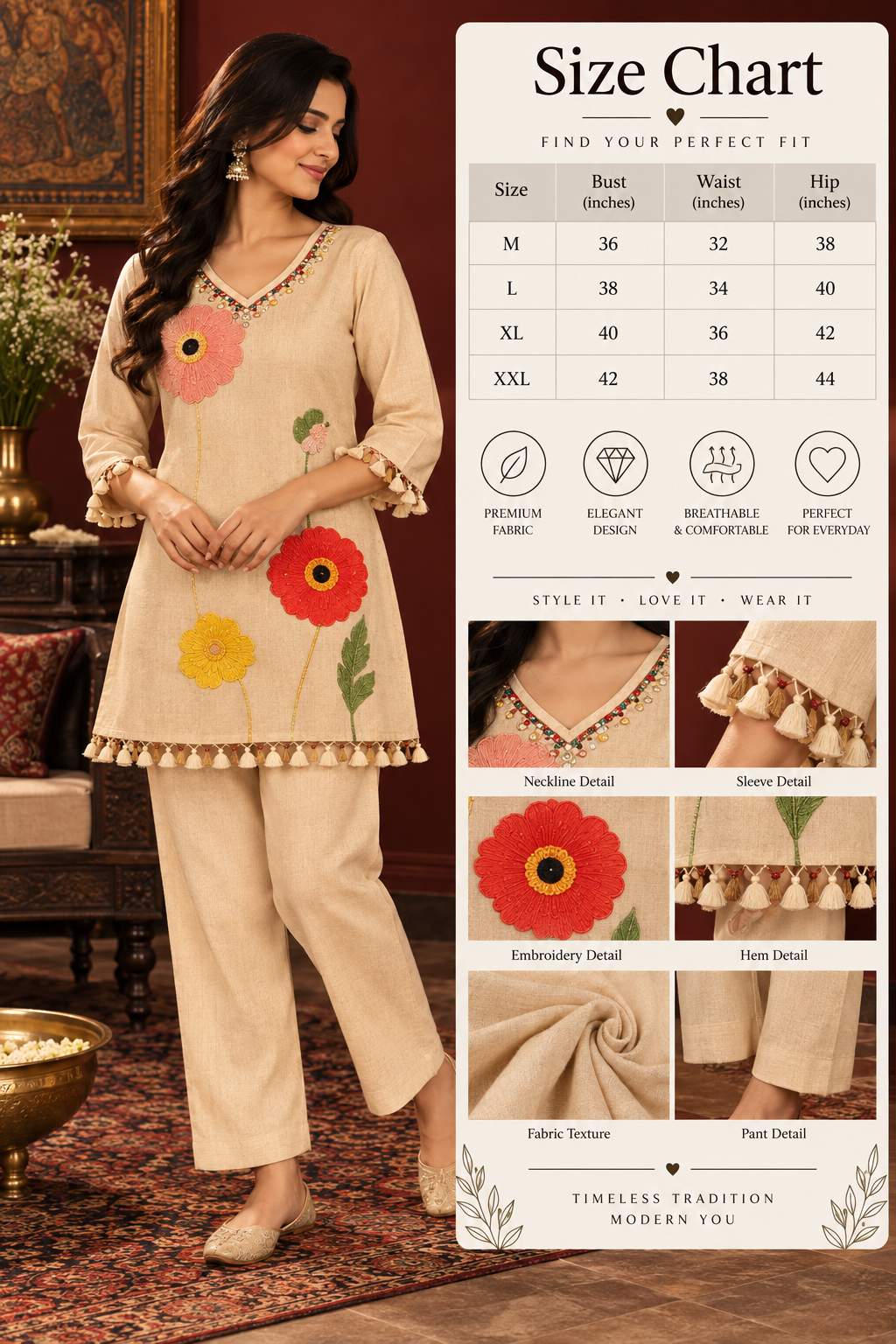 Ivory ethnic co-ord set with colourful floral embroidery and tassel detailing