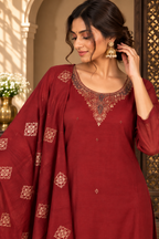 Maroon 3-piece kurta pant dupatta set with traditional detailing