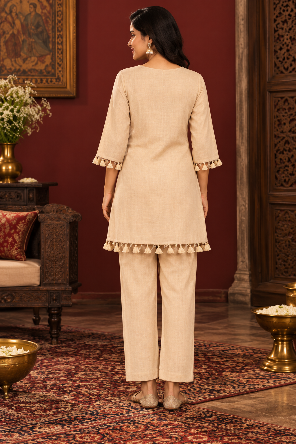 Ivory kurta with colourful floral embroidery and V-neck detailing