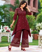 Purple, Brown, Black & Maroon Printed High-Low Kurta Palazzo Set for Women
