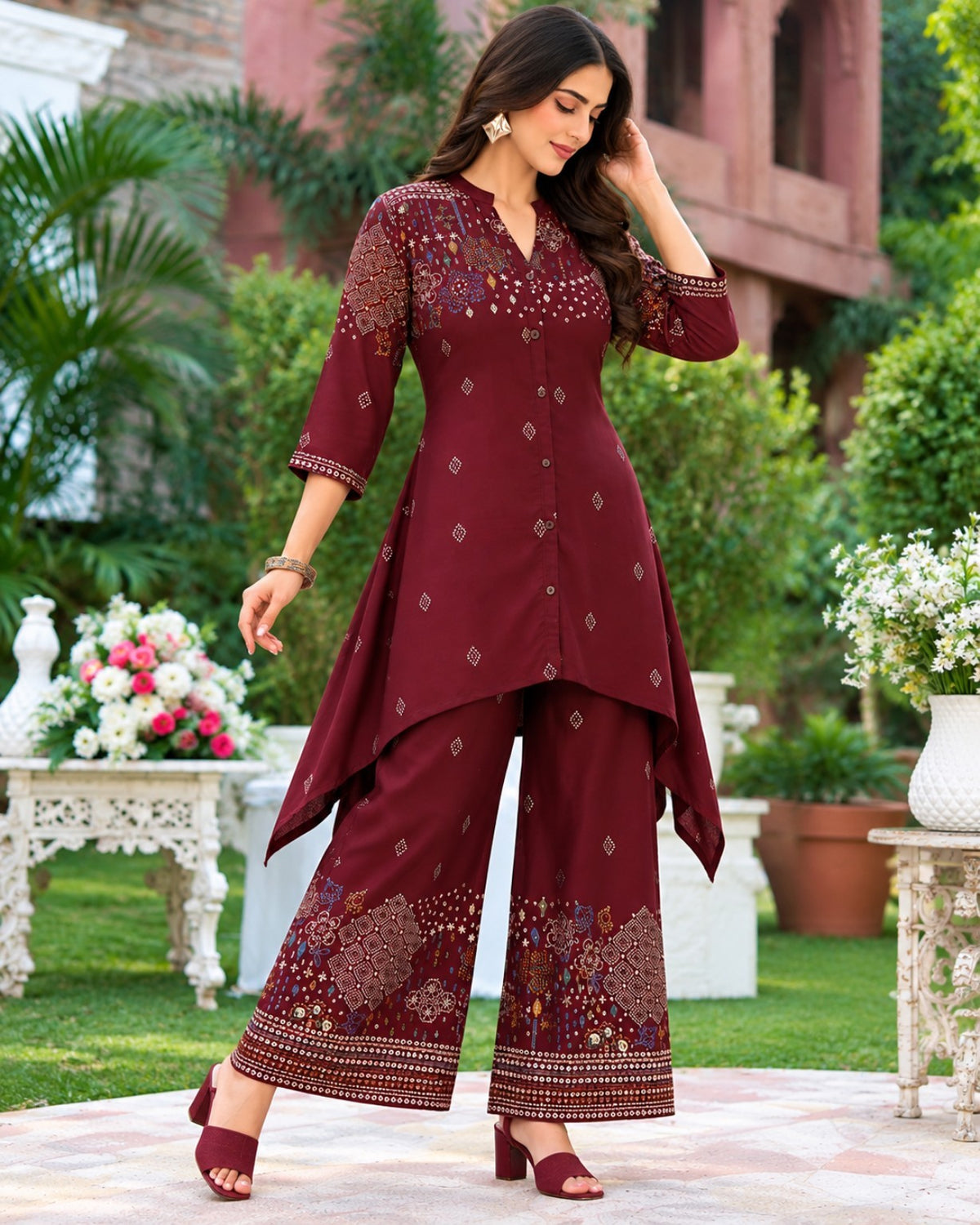 Purple, Brown, Black & Maroon Printed High-Low Kurta Palazzo Set for Women