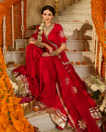 Mehka Red Solid Satin Lehenga Set