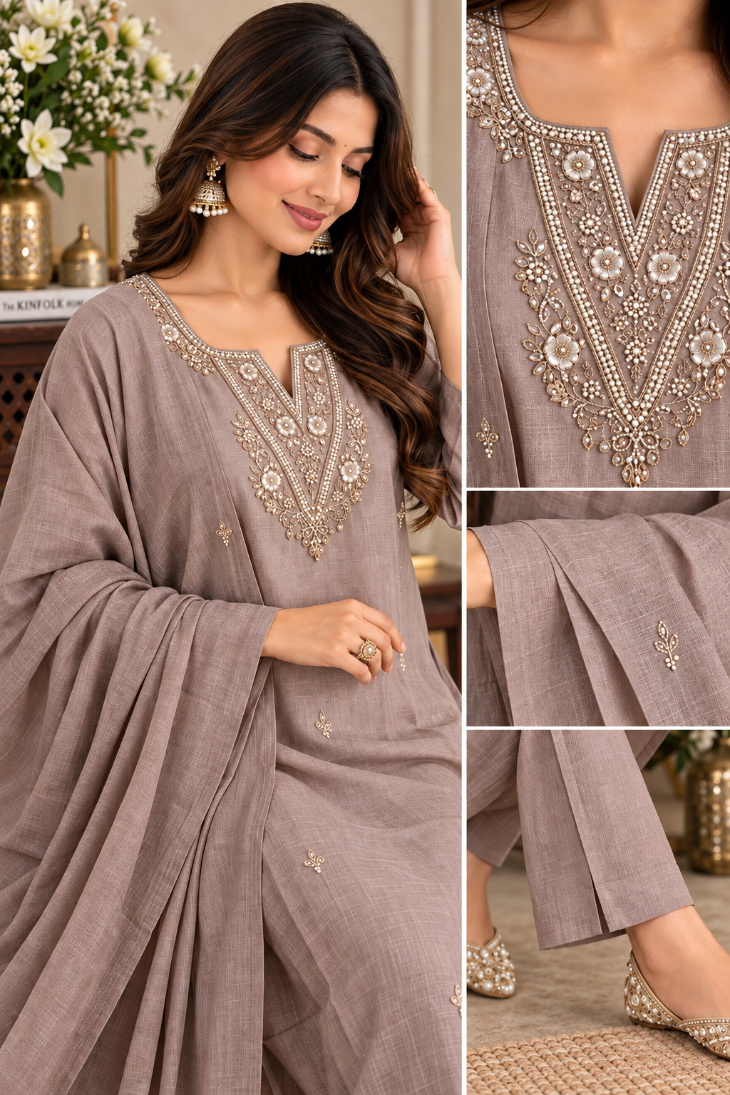 Taupe embroidered kurta with matching straight-fit pants and dupatta