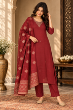 Maroon embroidered kurta with matching straight-fit pants