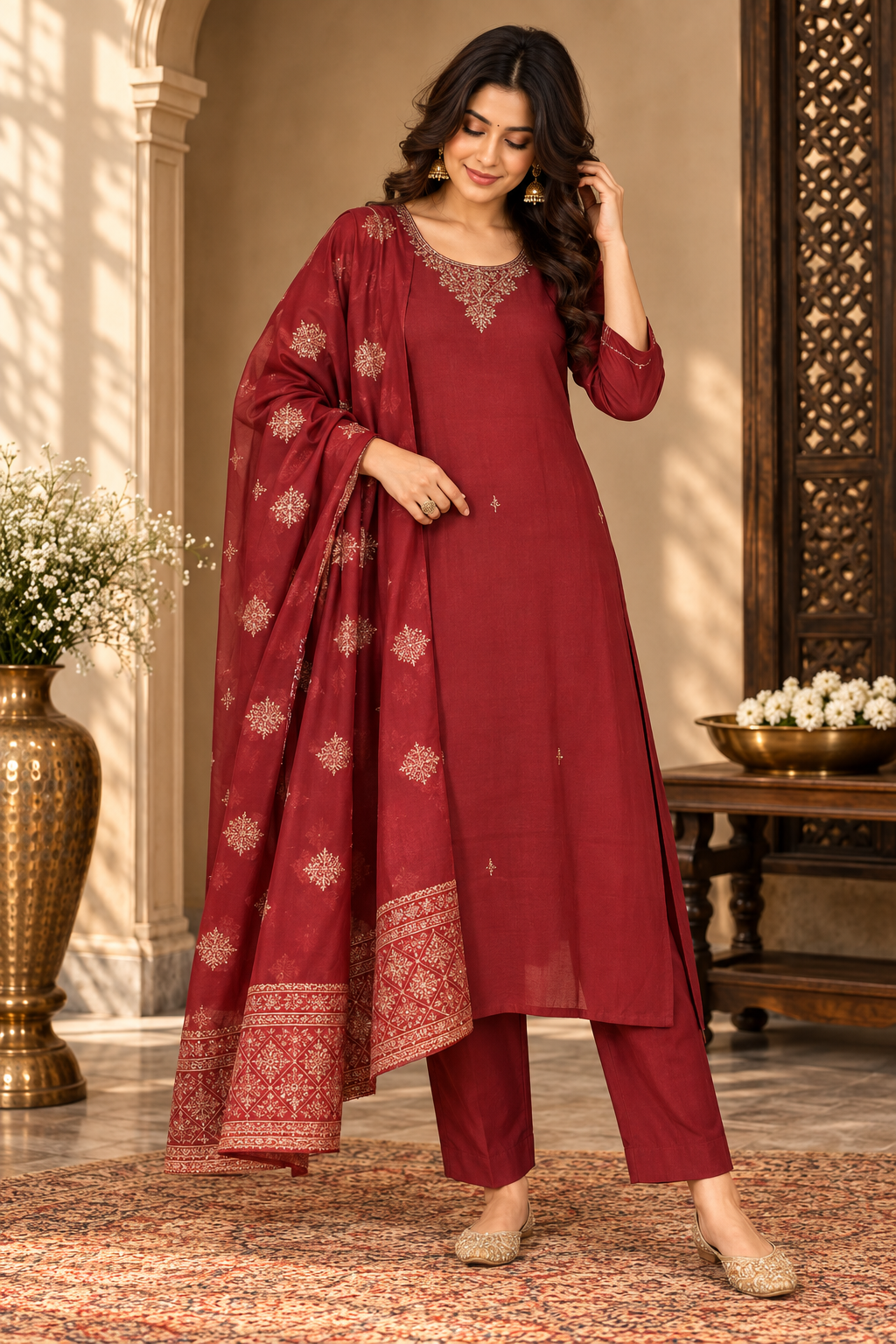 Maroon embroidered kurta with matching straight-fit pants