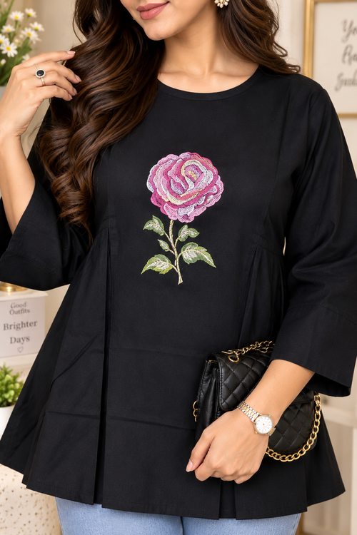 Black peplum top with multicolour rose embroidery and flared 3/4 sleeves