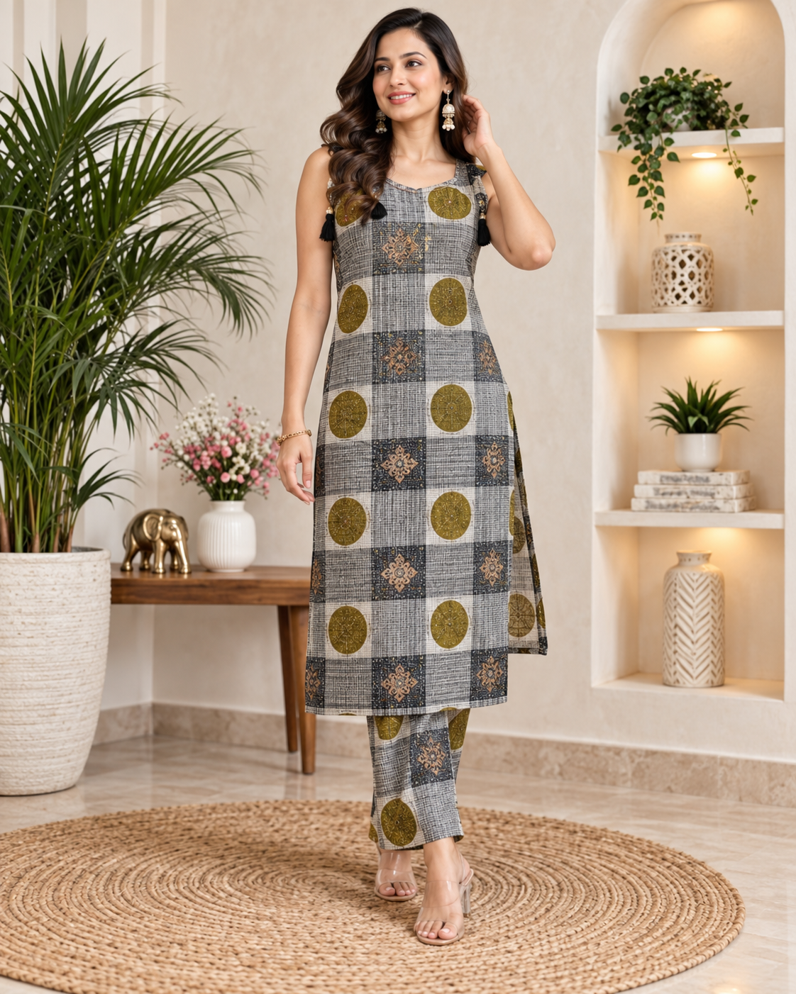 Beige and olive green geometric printed kurta pant set for women