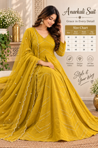 Mustard yellow Anarkali set with matching pants and scalloped sheer dupatta