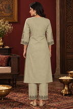 Sage beige straight kurta with paisley print and V-slit neckline